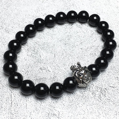 Natural Black Onyx Gemstone Bracelet Beaded Adjustable Bracelet Lion King Design