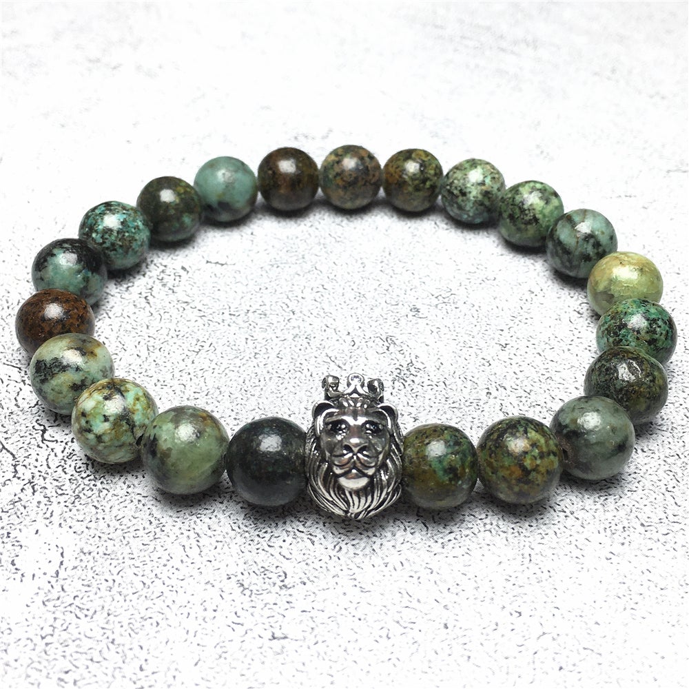 Natural African Turquoise Gemstone Bracelet Beaded Adjustable Bracelet Lion King Design