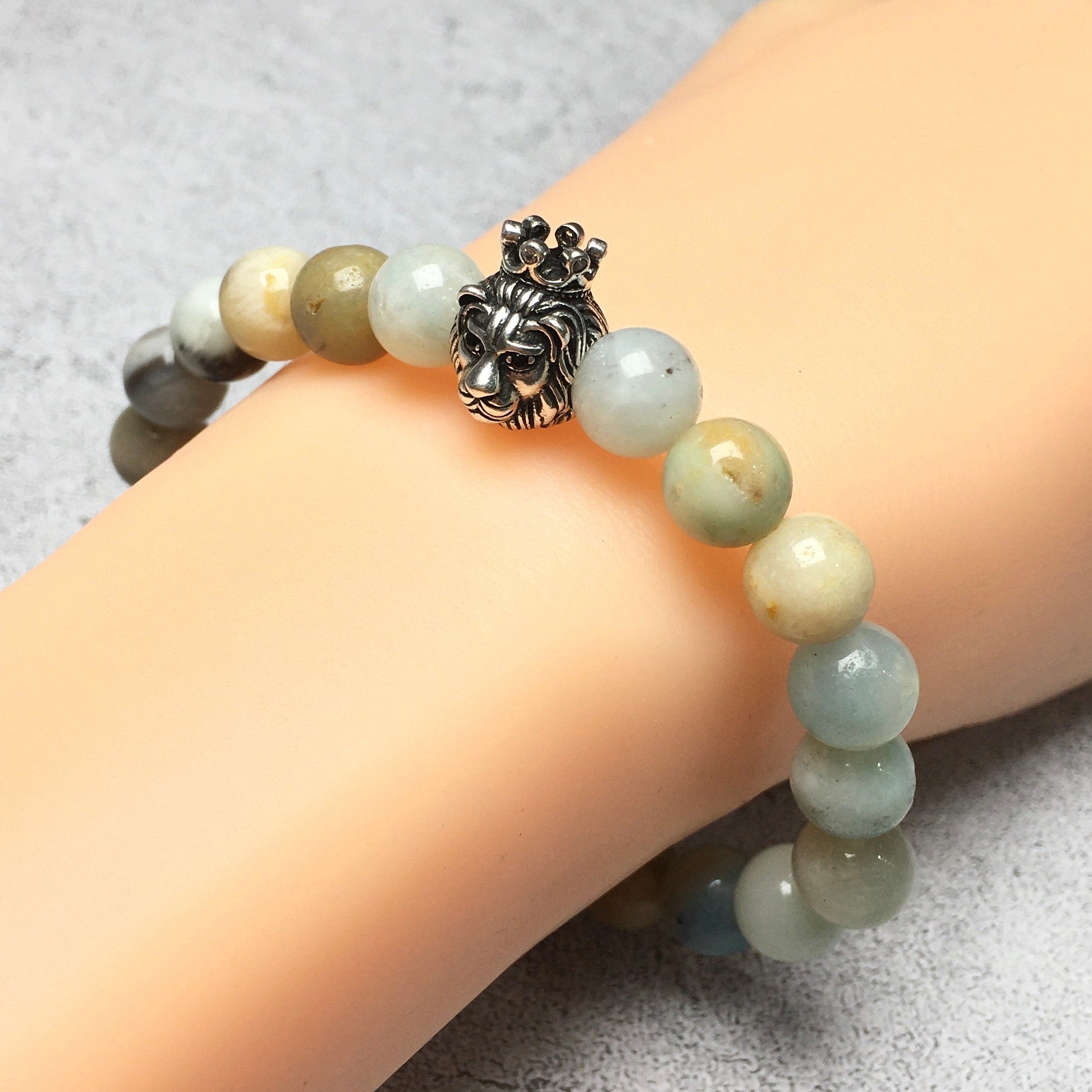 Natural Amazonite Gemstone Bracelet Beaded Adjustable Bracelet Lion King Design