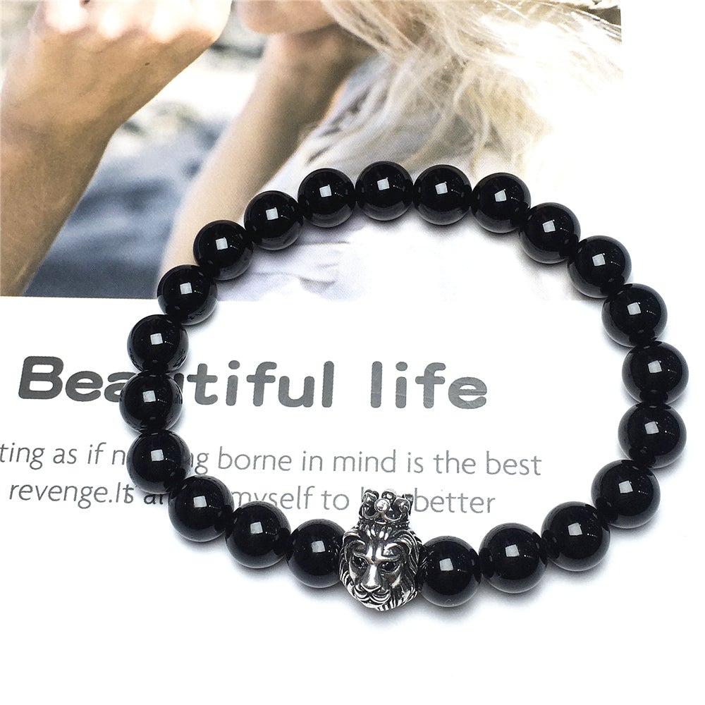 Natural Black Onyx Gemstone Bracelet Beaded Adjustable Bracelet Lion King Design