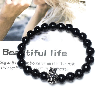 Natural Black Onyx Gemstone Bracelet Beaded Adjustable Bracelet Lion King Design