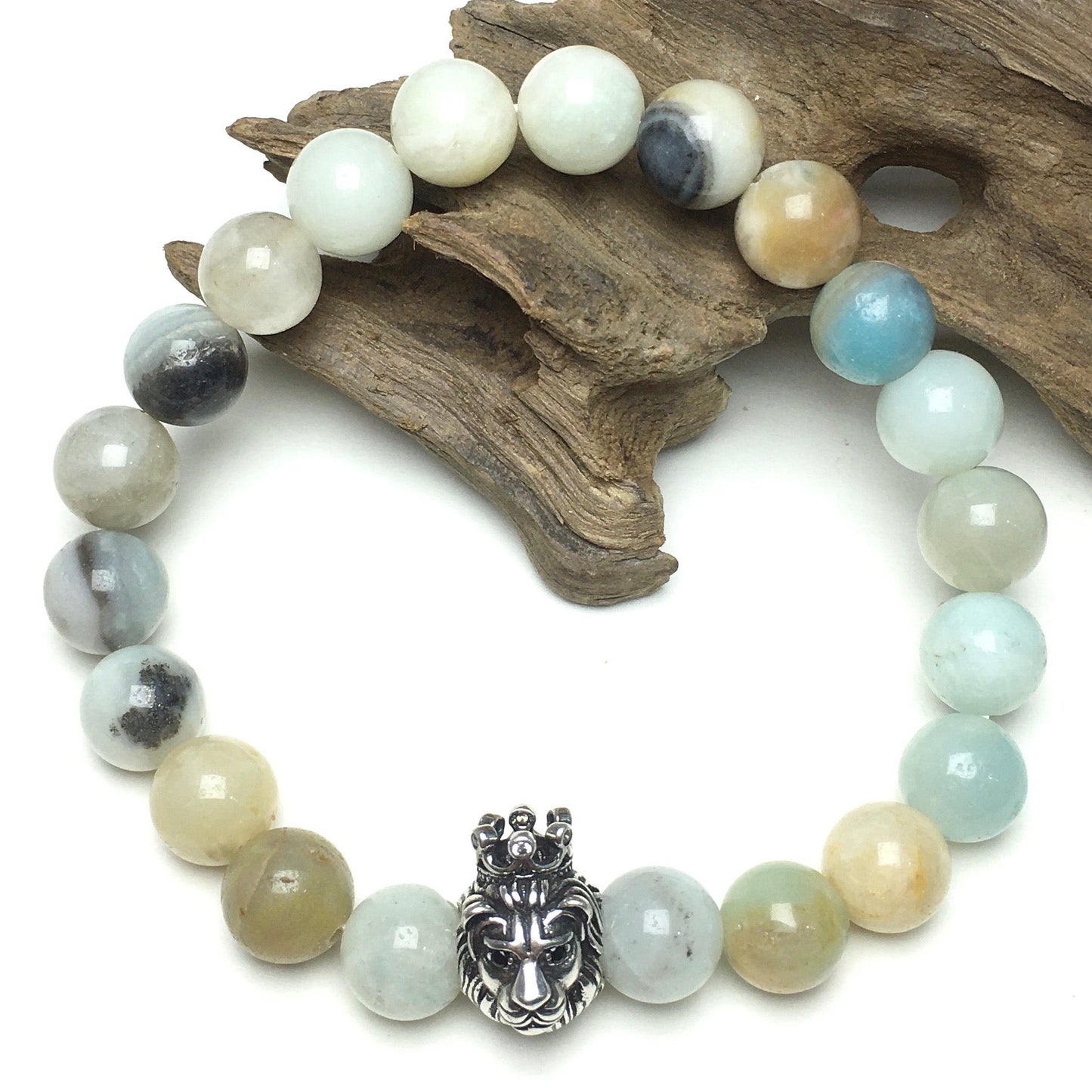 Natural Amazonite Gemstone Bracelet Beaded Adjustable Bracelet Lion King Design