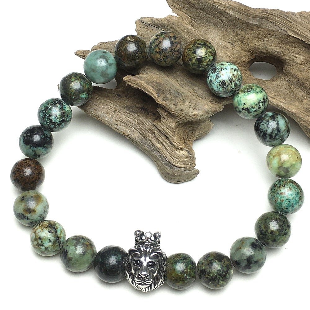 Natural African Turquoise Gemstone Bracelet Beaded Adjustable Bracelet Lion King Design