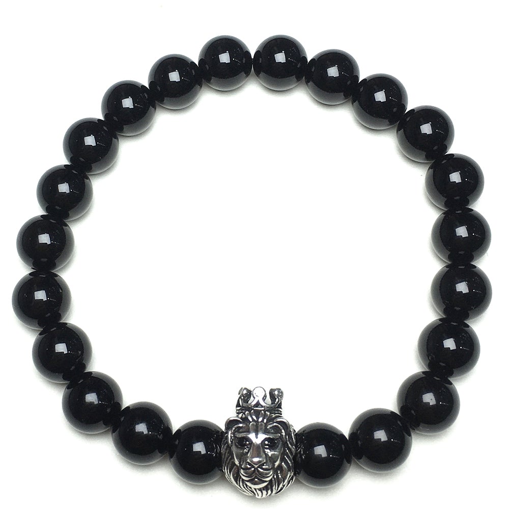 Natural Black Onyx Gemstone Bracelet Beaded Adjustable Bracelet Lion King Design