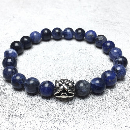 Natural Blue Sodalite Beaded Gemstone Bracelet American Bully Pitbull Charm Jewelry