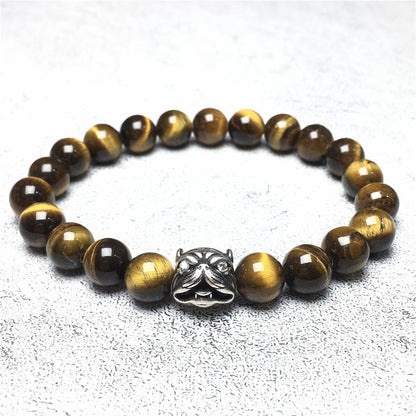 Natural Tiger Eyes Beaded Gemstone Bracelet American Bully Pitbull Charm Jewelry