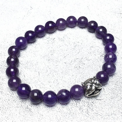 Natural Purple Amethyst Beaded Gemstone Bracelet American Bully Pitbull Charm Jewelry