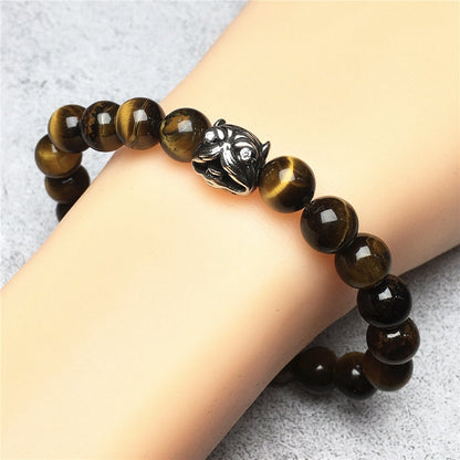 Natural Tiger Eyes Beaded Gemstone Bracelet American Bully Pitbull Charm Jewelry