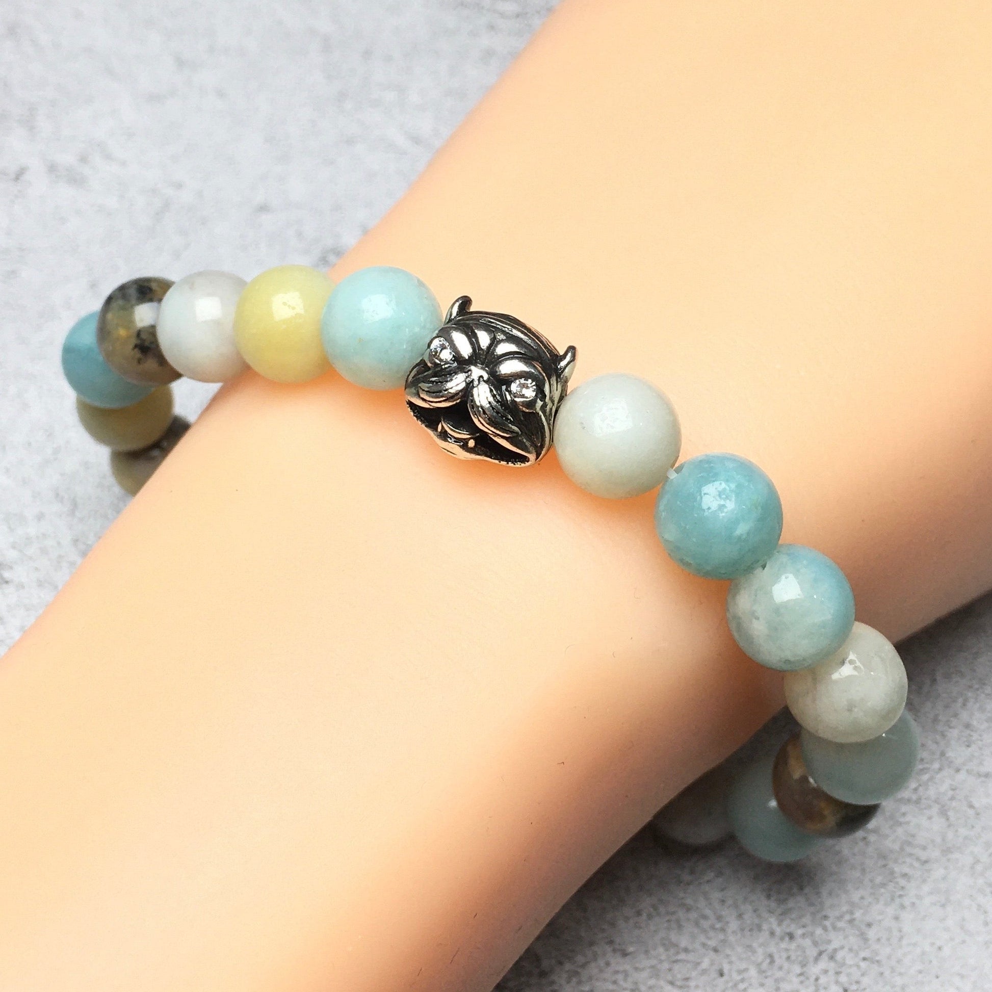 Natural Amazonite Beaded Gemstone Bracelet American Bully Pitbull Charm Jewelry