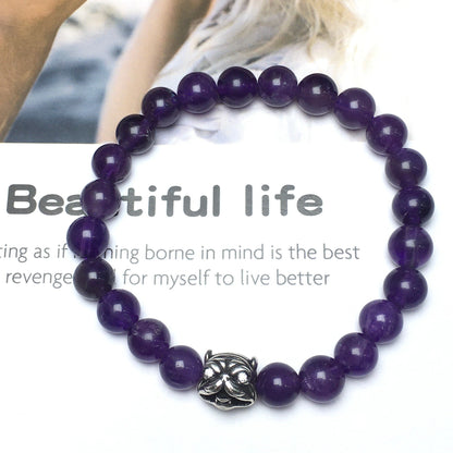 Natural Purple Amethyst Beaded Gemstone Bracelet American Bully Pitbull Charm Jewelry