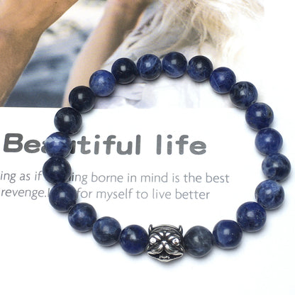 Natural Blue Sodalite Beaded Gemstone Bracelet American Bully Pitbull Charm Jewelry