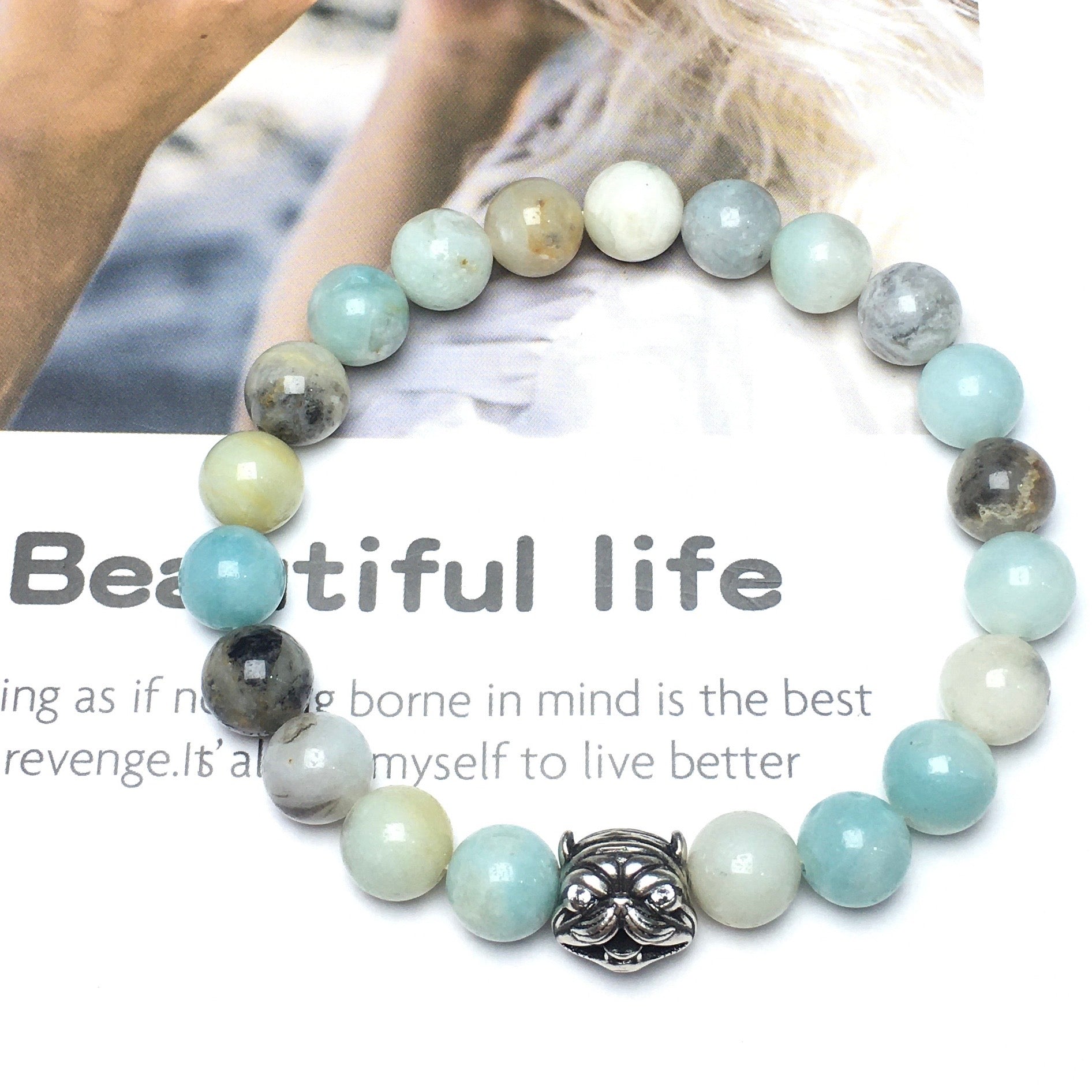 Natural Amazonite Beaded Gemstone Bracelet American Bully Pitbull Charm Jewelry