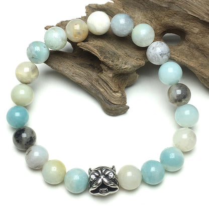 Natural Amazonite Beaded Gemstone Bracelet American Bully Pitbull Charm Jewelry