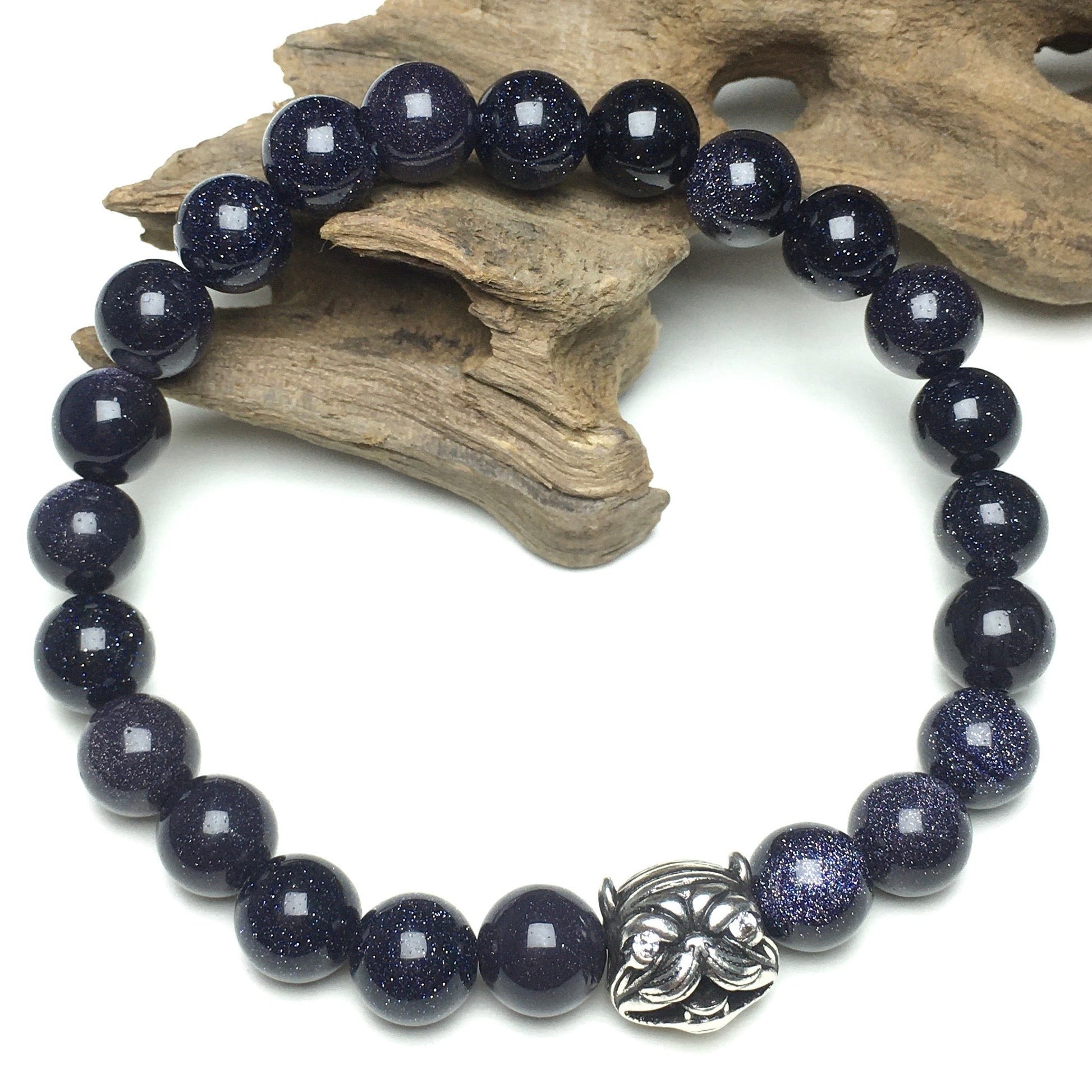 Natural Blue Sandstone Beaded Gemstone Bracelet American Bully Pitbull Charm Jewelry