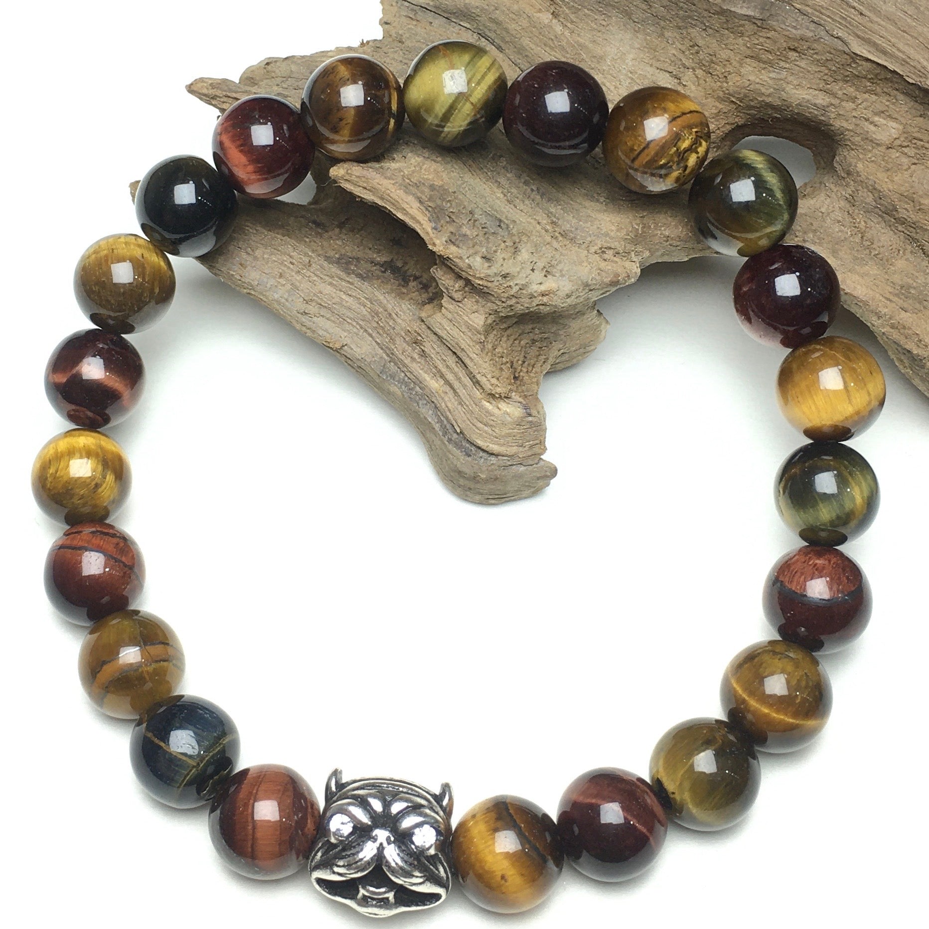 Natural Tiger Eyes Beaded Gemstone Bracelet American Bully Pitbull Charm Jewelry