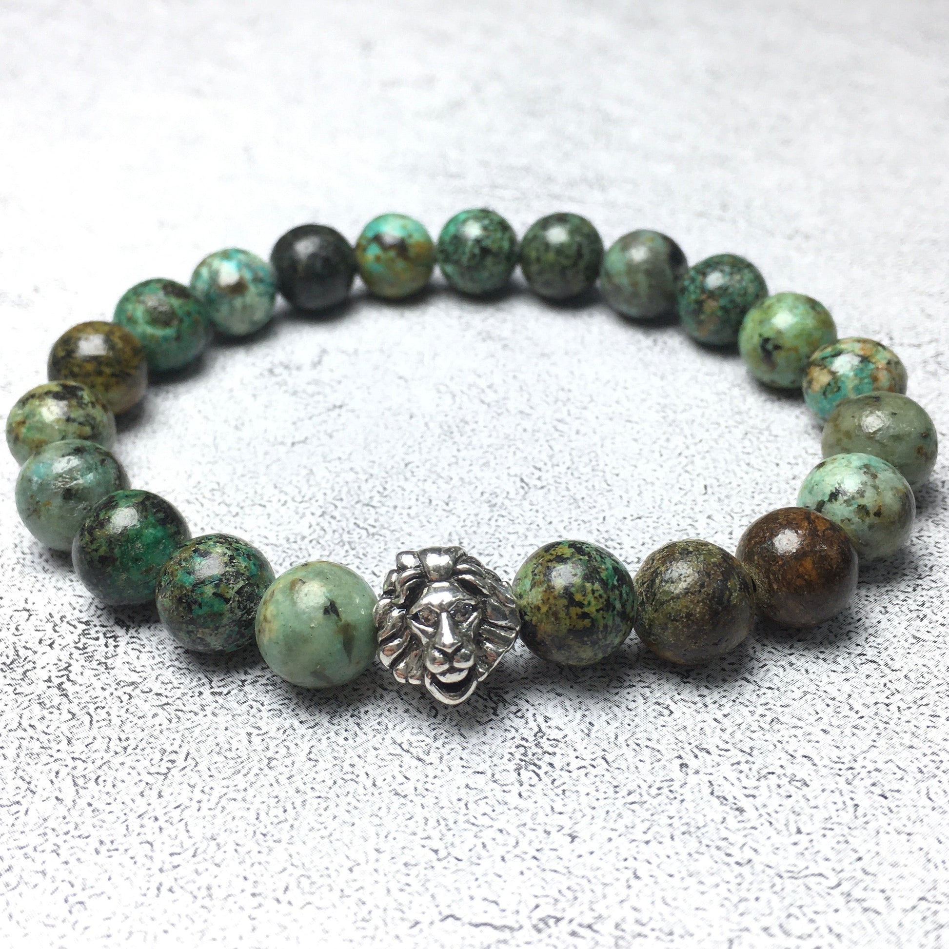 Natural African Turquoise Beaded Bracelet Elastic Adjustable Gemstone Bracelet Lion Style