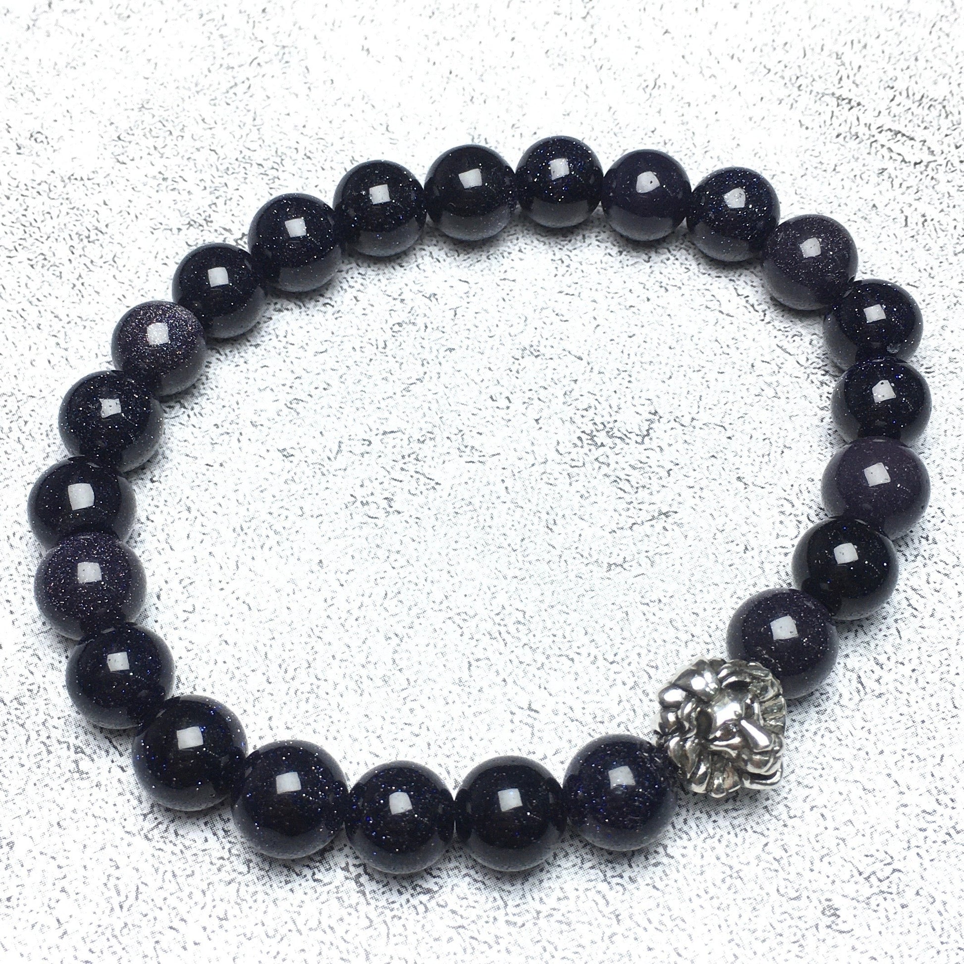 Blue Sandstone Beaded Bracelet Elastic Adjustable Gemstone Bracelet Lion Style