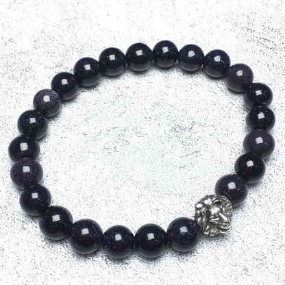 Blue Sandstone Beaded Bracelet Elastic Adjustable Gemstone Bracelet Lion Style