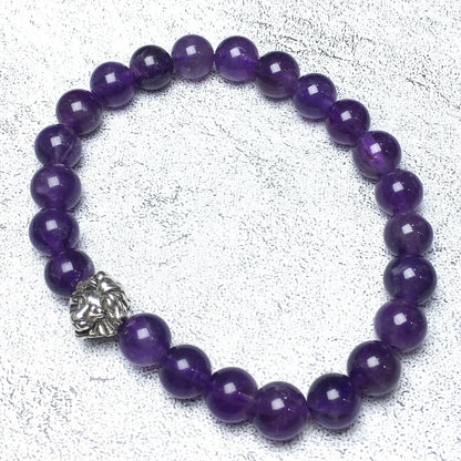 Natural Amethyst Beaded Bracelet Elastic Adjustable Gemstone Bracelet Lion Style
