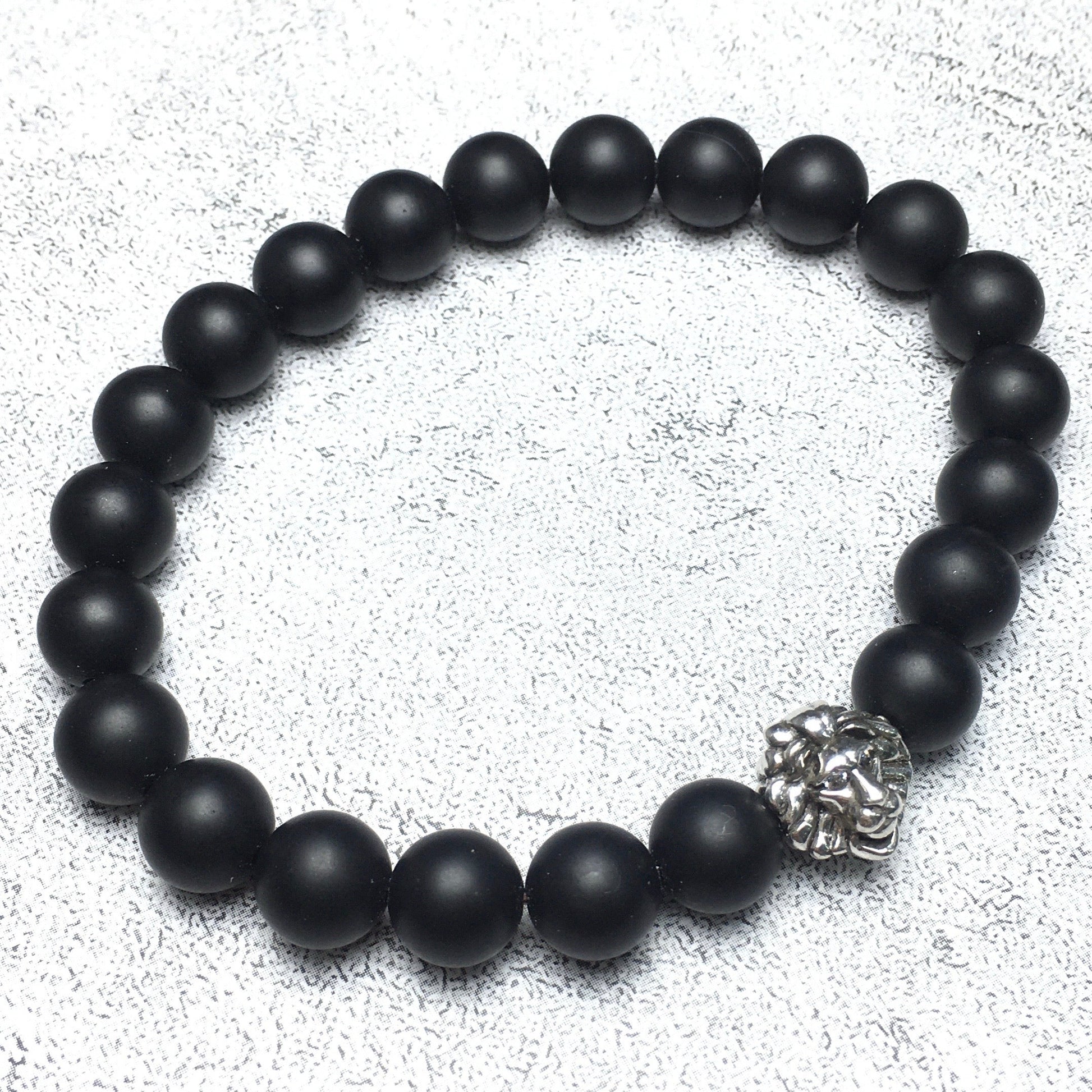 Natural Matte Onyx Beaded Bracelet Elastic Adjustable Gemstone Bracelet Lion Style