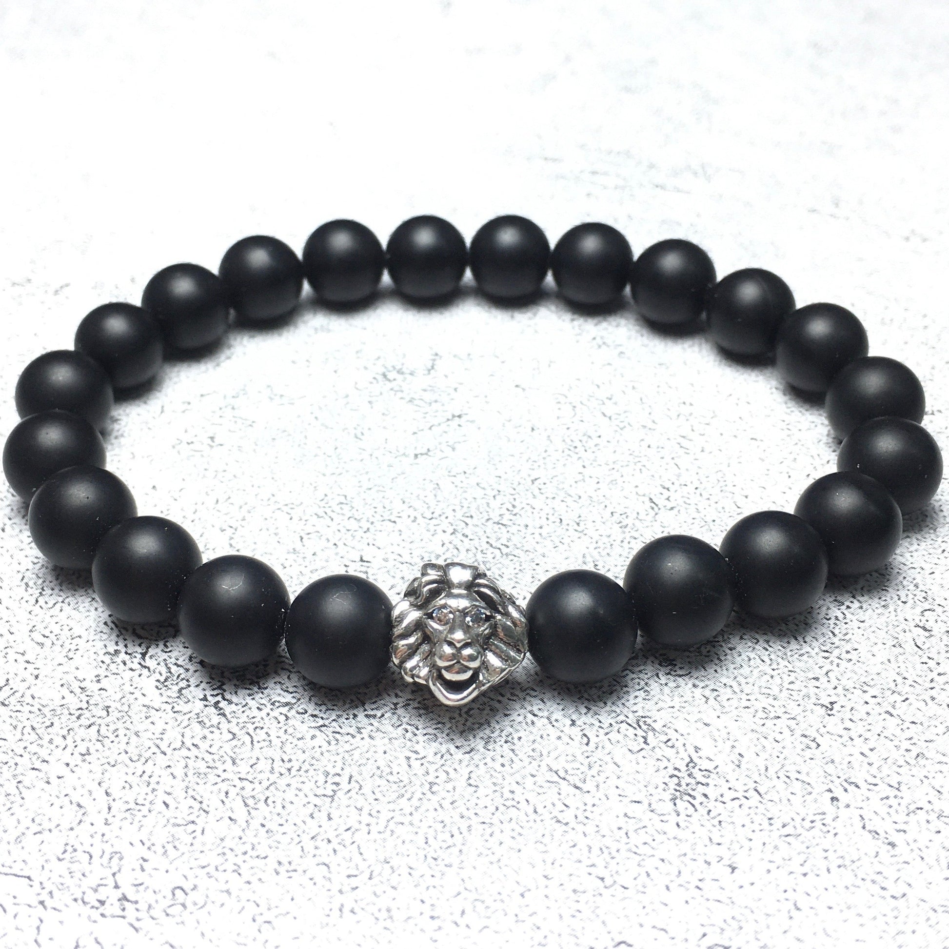 Natural Matte Onyx Beaded Bracelet Elastic Adjustable Gemstone Bracelet Lion Style