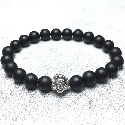 Natural Matte Onyx Beaded Bracelet Elastic Adjustable Gemstone Bracelet Lion Style