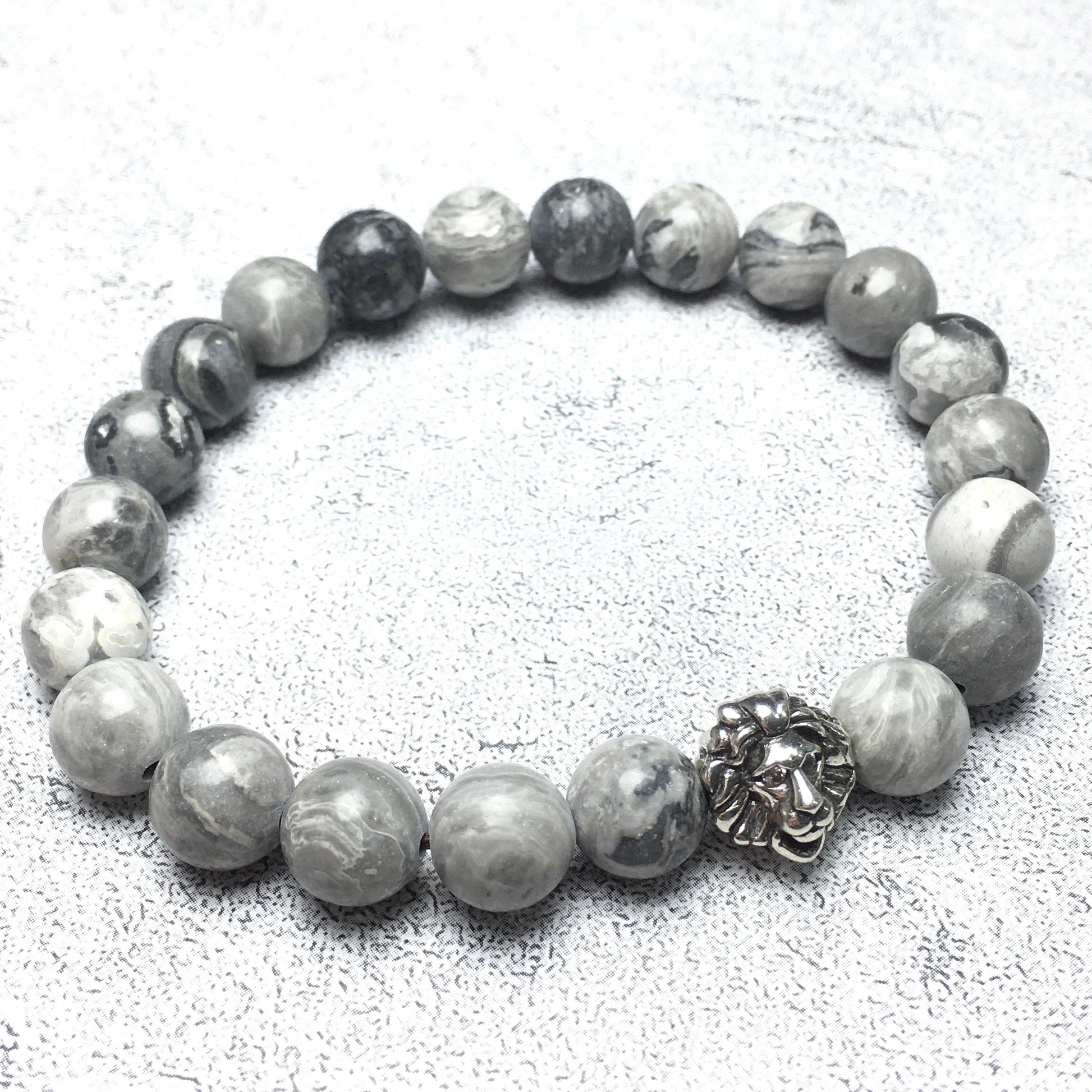 Natural Map Stone Beaded Bracelet Elastic Adjustable Gemstone Bracelet Lion Style