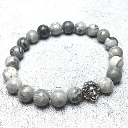 Natural Map Stone Beaded Bracelet Elastic Adjustable Gemstone Bracelet Lion Style