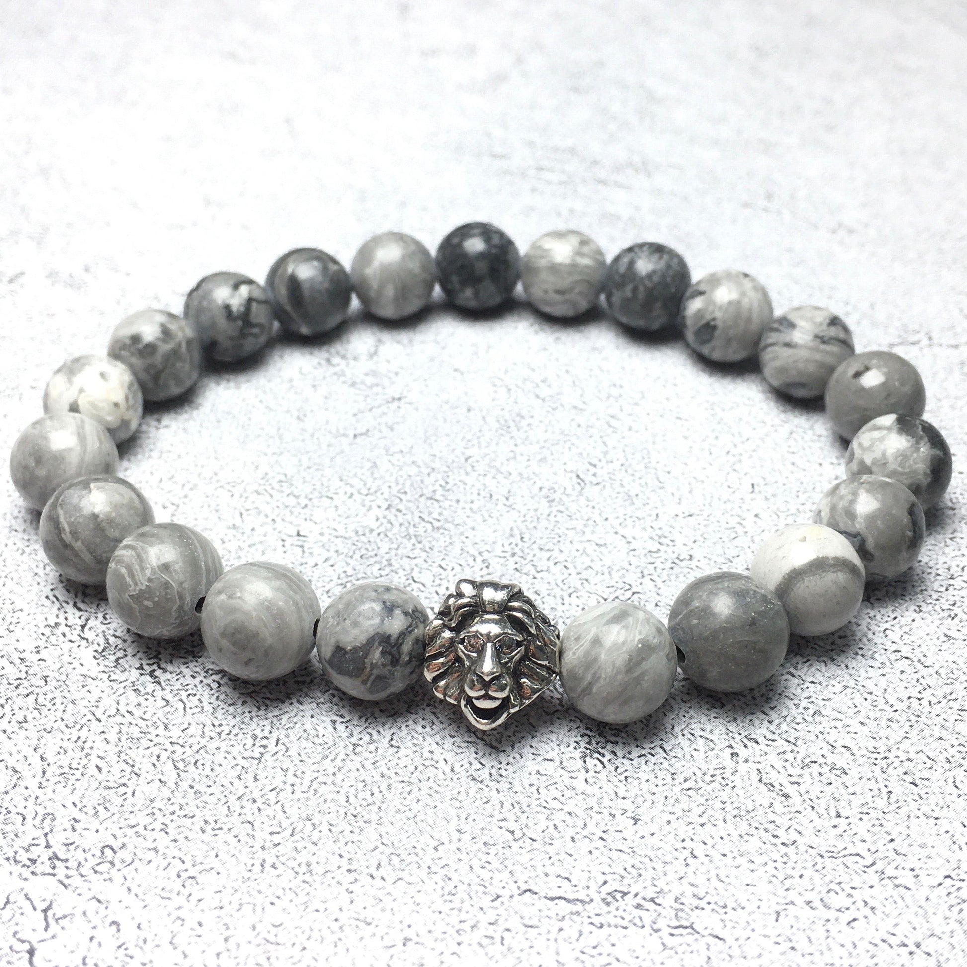 Natural Map Stone Beaded Bracelet Elastic Adjustable Gemstone Bracelet Lion Style