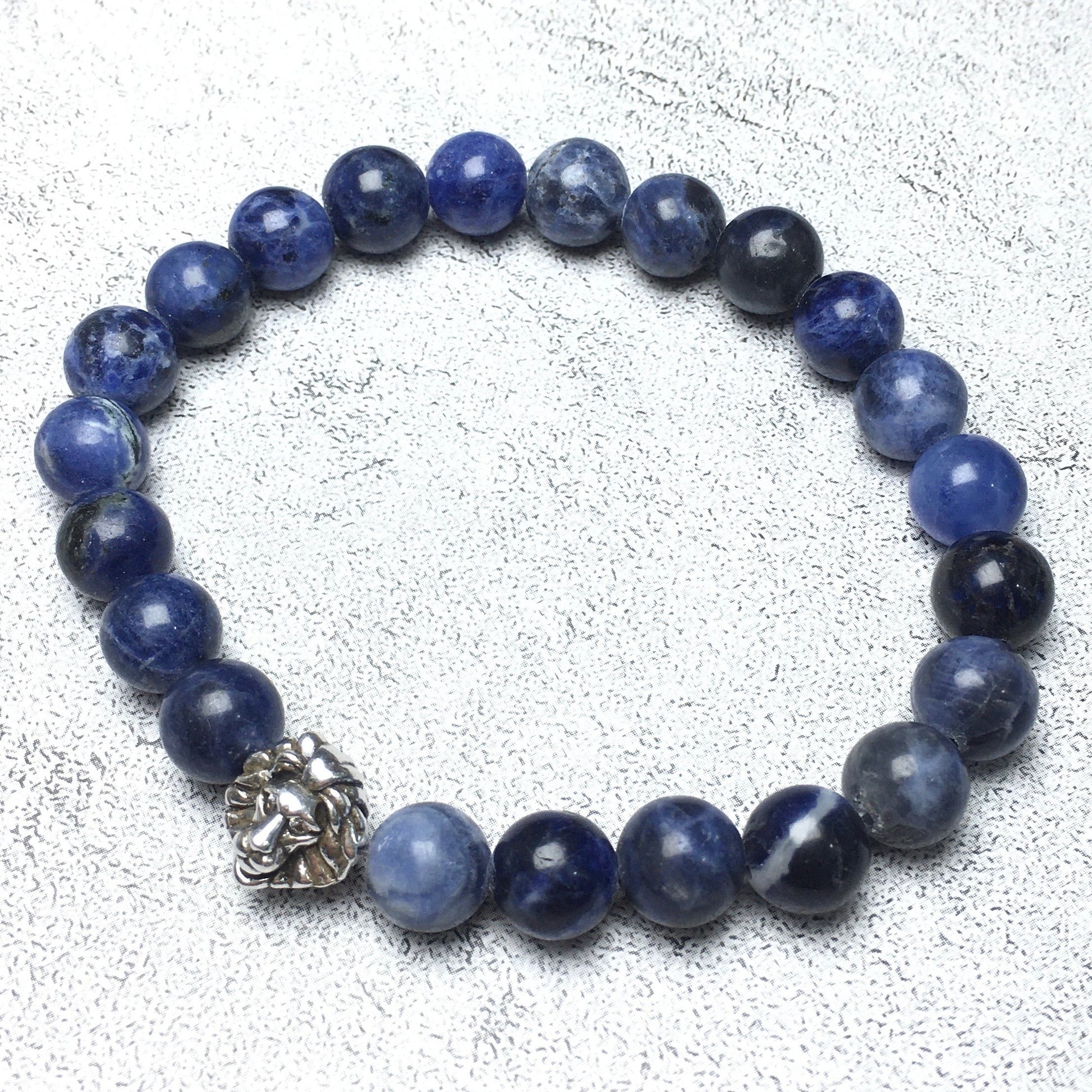 Natural Blue Sodalite Beaded Bracelet Elastic Adjustable Gemstone Bracelet Lion Style