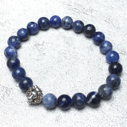 Natural Blue Sodalite Beaded Bracelet Elastic Adjustable Gemstone Bracelet Lion Style