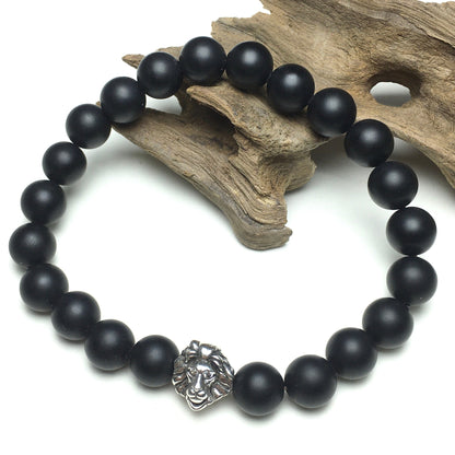 Natural Matte Onyx Beaded Bracelet Elastic Adjustable Gemstone Bracelet Lion Style