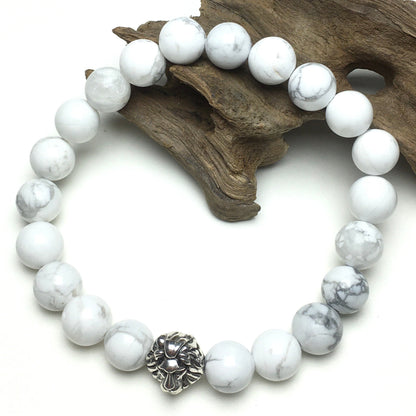 Natural Howlite Beaded Bracelet Elastic Adjustable Gemstone Bracelet Lion Style
