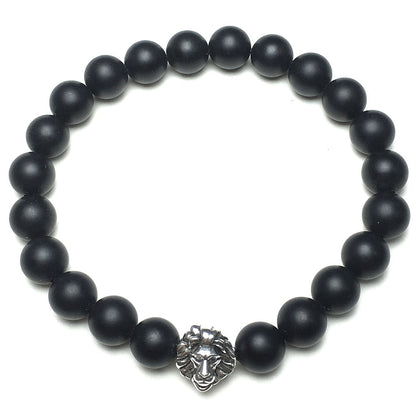 Natural Matte Onyx Beaded Bracelet Elastic Adjustable Gemstone Bracelet Lion Style