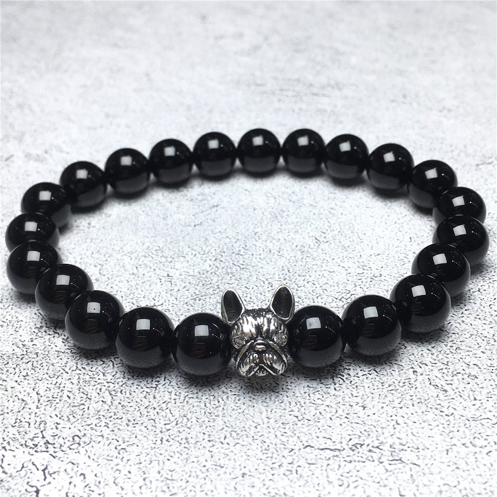 Natural Black Onyx Beaded Bracelet Jewelry French Bulldog Bracelet For Men Women