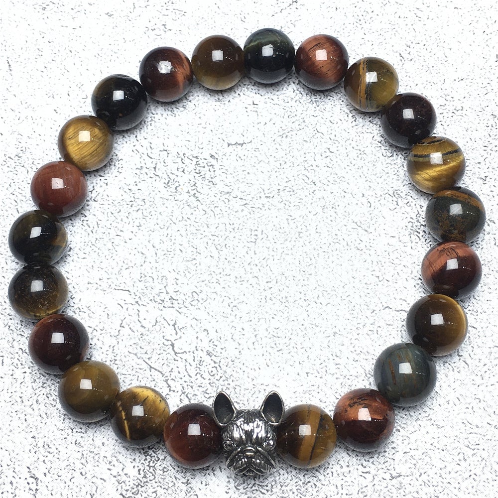 Natural Colorful Tiger Eye Beaded Bracelet Jewelry French Bulldog Bracelet For Men Women