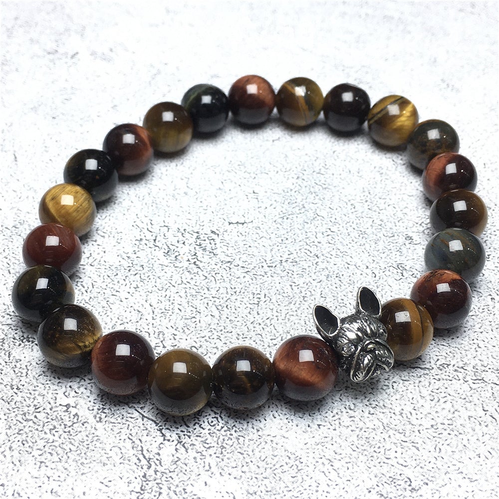 Natural Colorful Tiger Eye Beaded Bracelet Jewelry French Bulldog Bracelet For Men Women