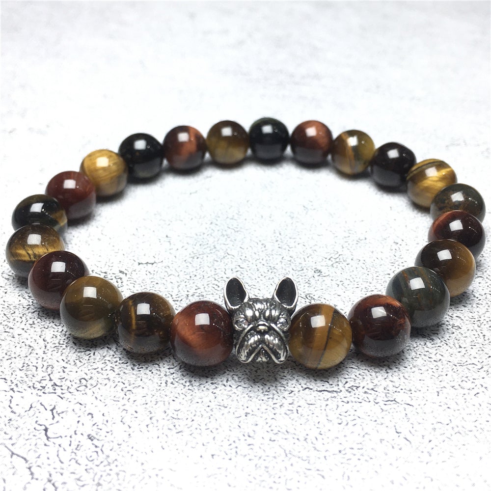 Natural Colorful Tiger Eye Beaded Bracelet Jewelry French Bulldog Bracelet For Men Women