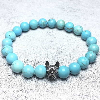 French Bulldog Bracelet For Men Women Natural Blue Turqouise Beaded Jewelry