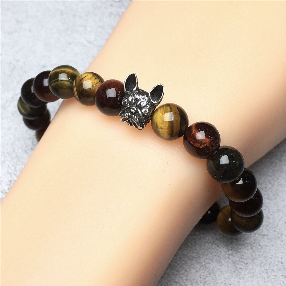 Natural Colorful Tiger Eye Beaded Bracelet Jewelry French Bulldog Bracelet For Men Women