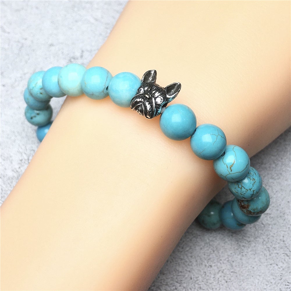 French Bulldog Bracelet For Men Women Natural Blue Turqouise Beaded Jewelry