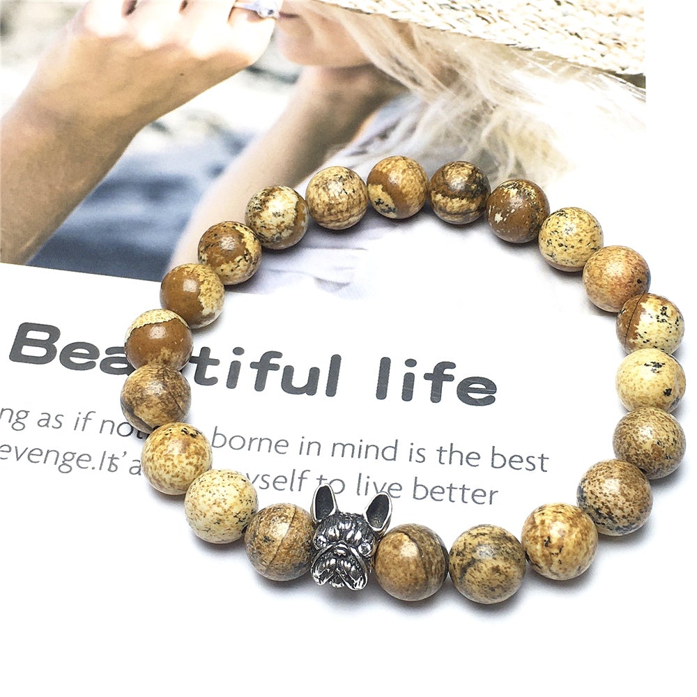 Natural Picture Jasper Beaded Bracelet Jewelry French Bulldog Bracelet For Men Women