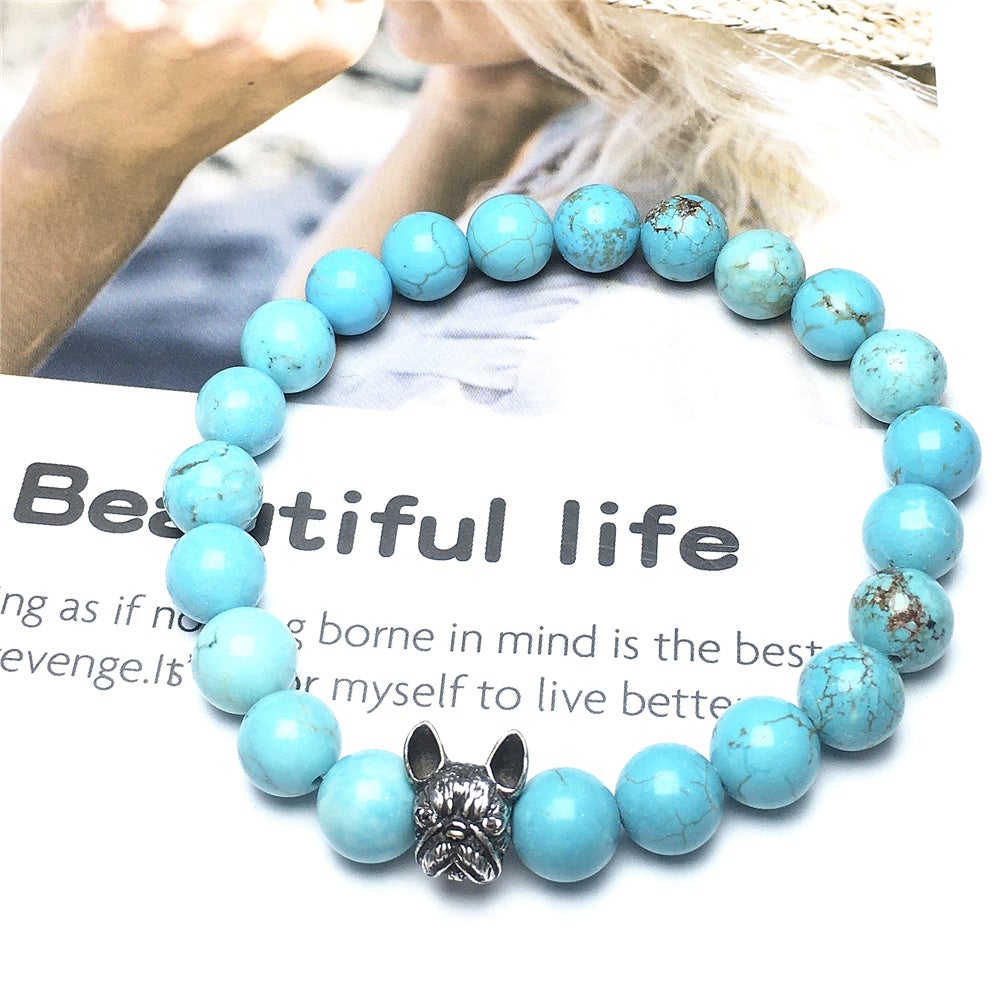 French Bulldog Bracelet For Men Women Natural Blue Turqouise Beaded Jewelry