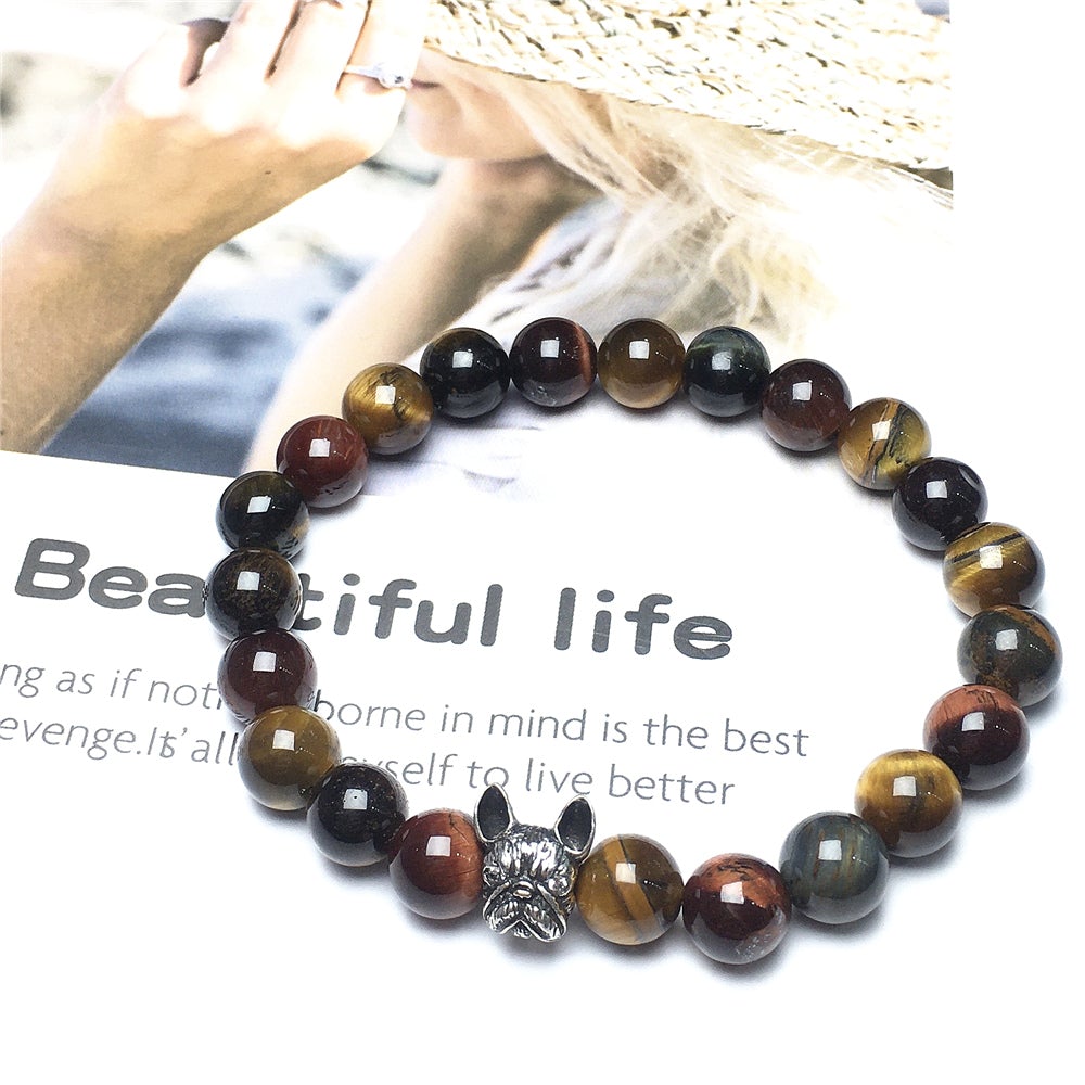 Natural Colorful Tiger Eye Beaded Bracelet Jewelry French Bulldog Bracelet For Men Women