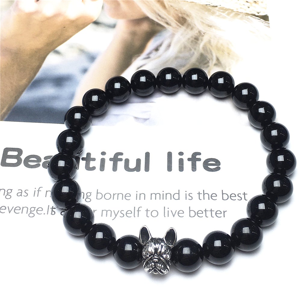 Natural Black Onyx Beaded Bracelet Jewelry French Bulldog Bracelet For Men Women