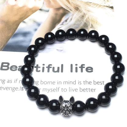 Natural Black Onyx Beaded Bracelet Jewelry French Bulldog Bracelet For Men Women