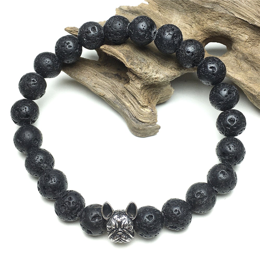 Natural Lava Stone Beaded Bracelet Jewelry French Bulldog Bracelet For Men Women