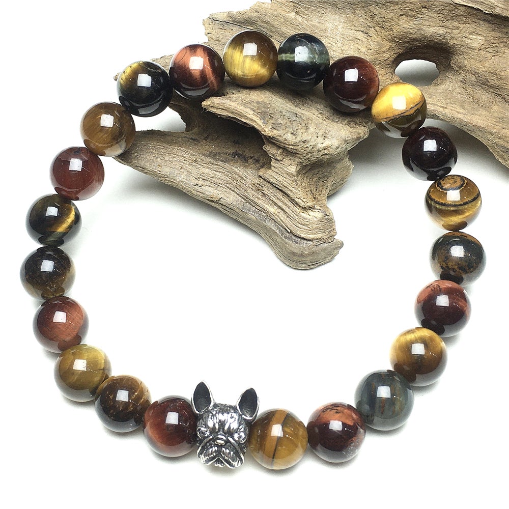 Natural Colorful Tiger Eye Beaded Bracelet Jewelry French Bulldog Bracelet For Men Women