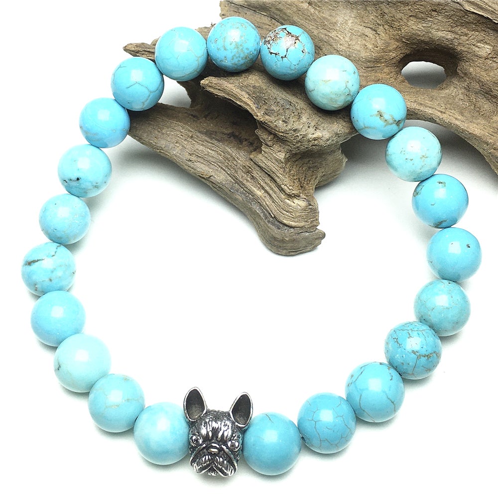 French Bulldog Bracelet For Men Women Natural Blue Turqouise Beaded Jewelry