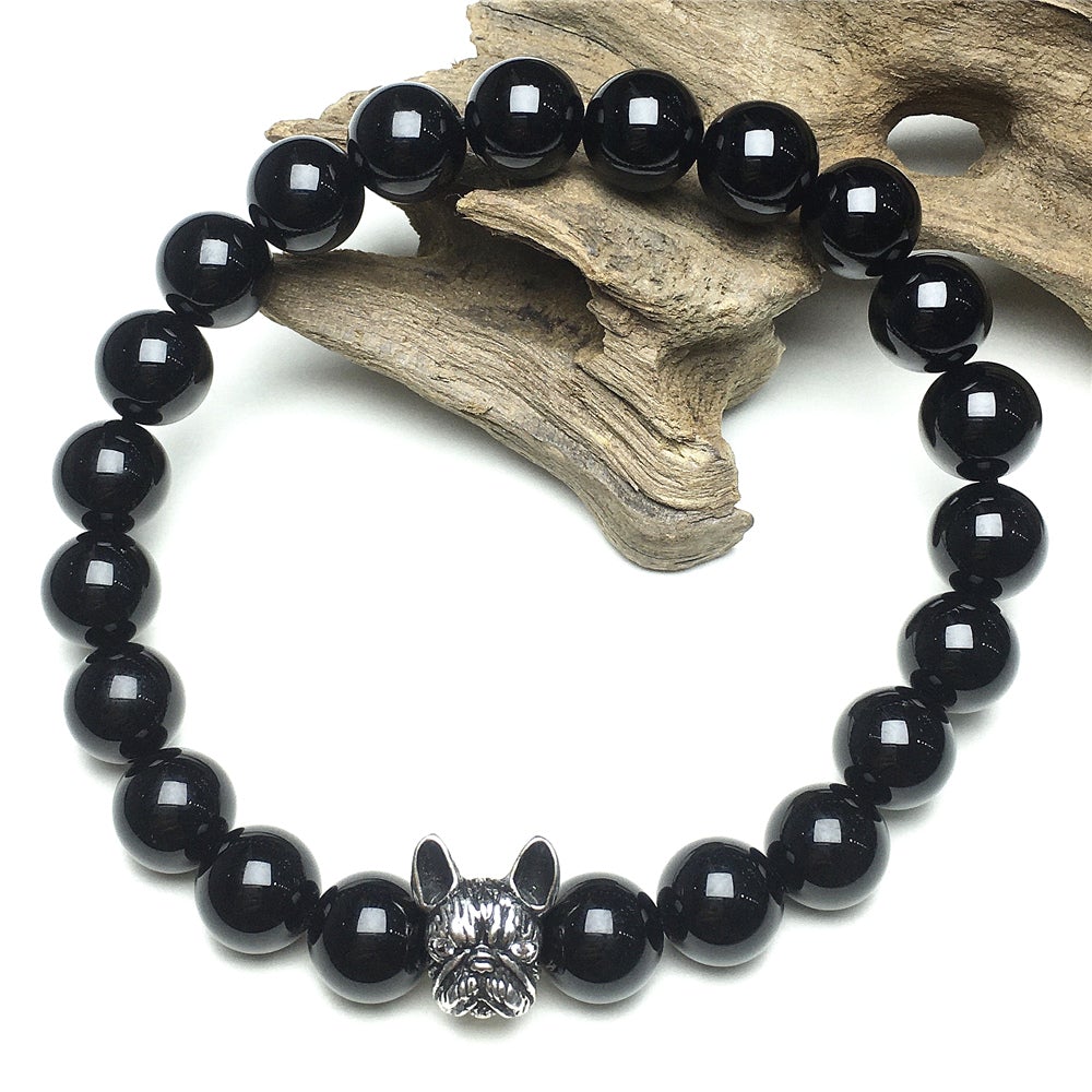 Natural Black Onyx Beaded Bracelet Jewelry French Bulldog Bracelet For Men Women